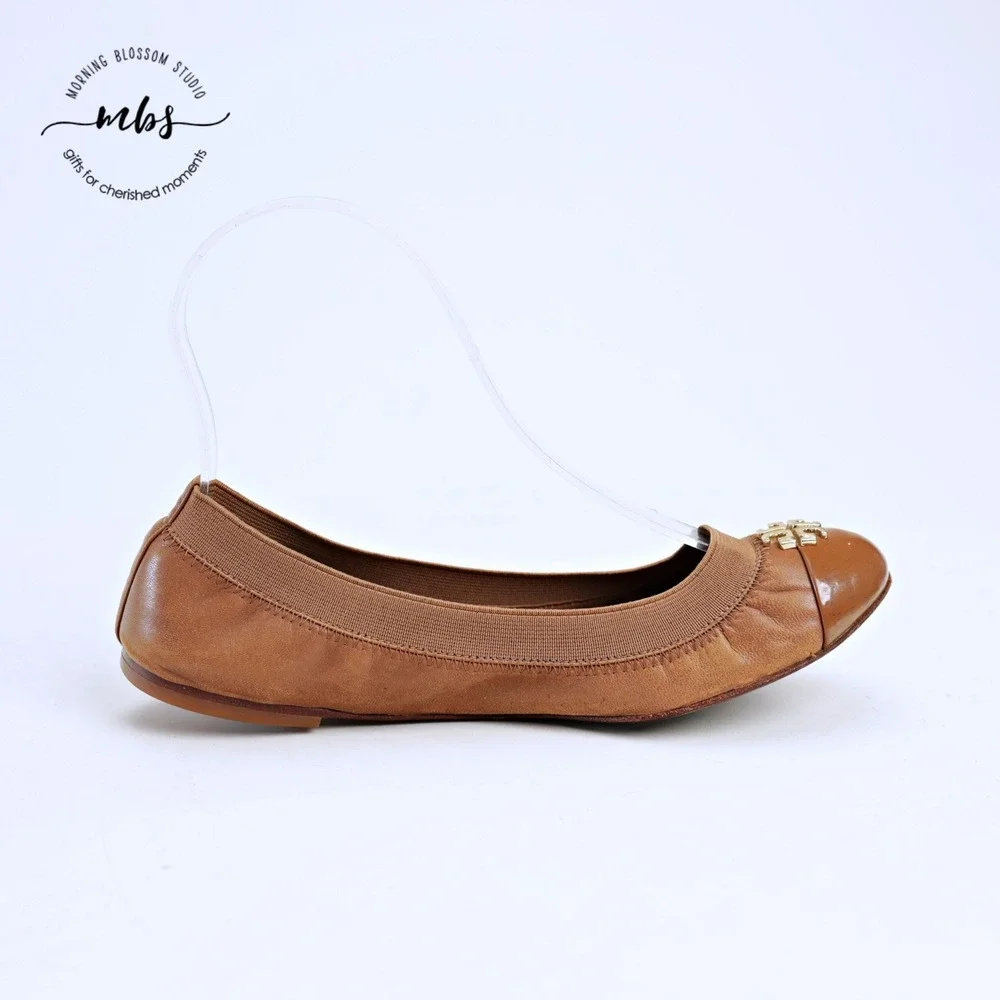 Tory Burch Jolie Cap Toe‎ Classic Preppy Leather Ballet Flats Brown Gold Women 6
